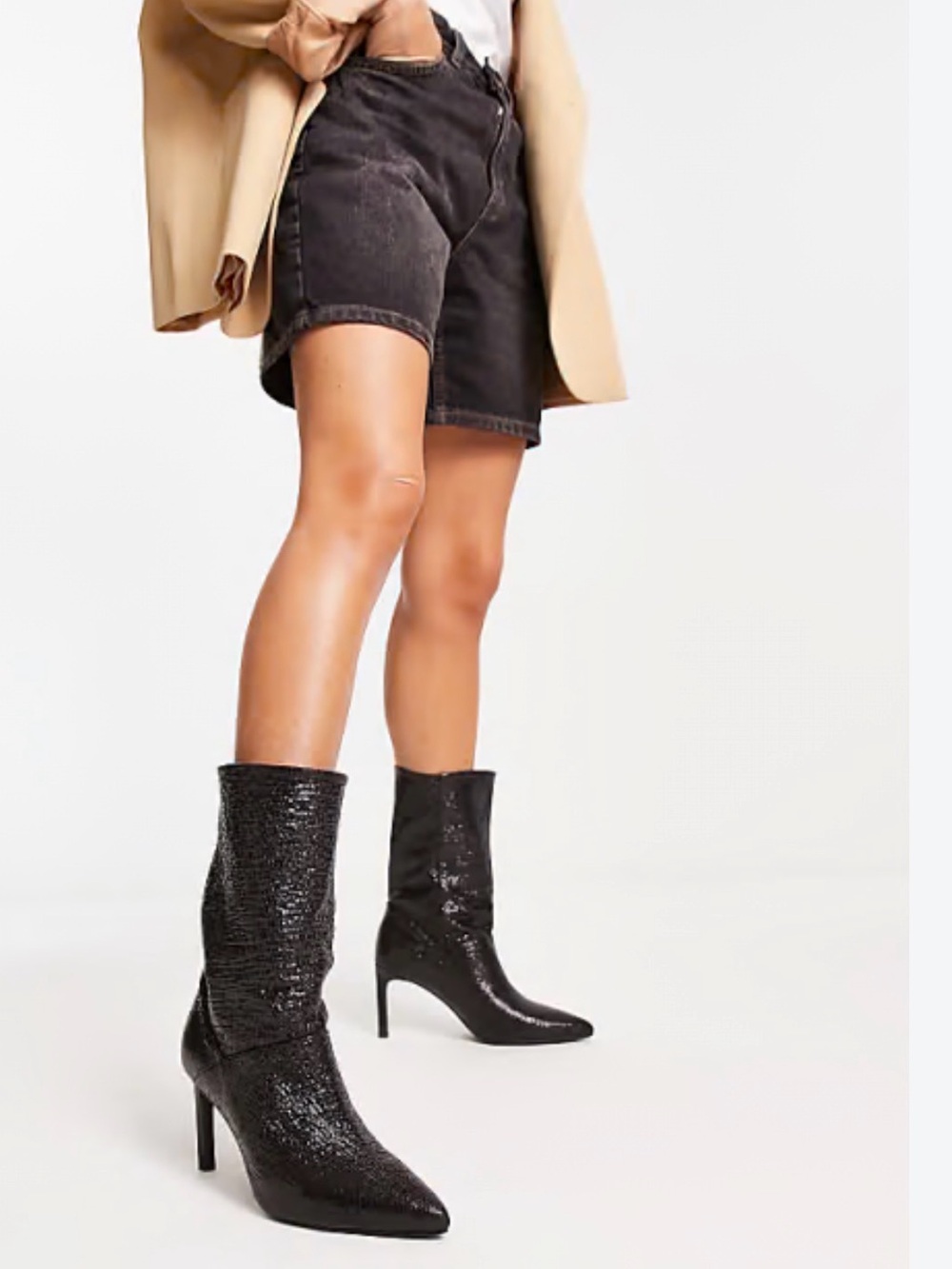 All Saints  Orleans Shimmer Metallic Black Pointed-Toe Mid-Calf Boots